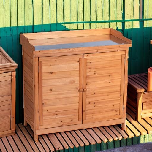 GDLF Outdoor Garden Patio Wooden Storage Cabinet Furniture Waterproof Tool Shed with Potting Benches Outdoor Work Station Table (Natural) GDLFGoodLife