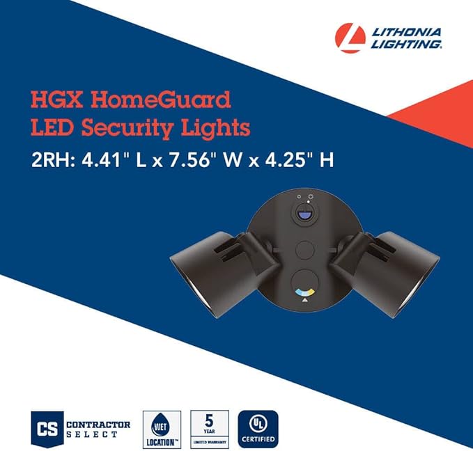 Lithonia Lighting HomeGuard 2-Light LED Outdoor Flood Lights, Outdoor LED Lights, Dusk to Dawn Sensor, Adjustable Lumens, Selectable Color, Round Heads, Dark Bronze (HGX LED 2RH ALO SWW2 120 PE DDB) AcuityBrands