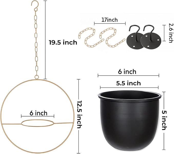 2 Pack Hanging Planters for Indoor Plants with 5.5" Pot + Ceiling Hook + Extender Chain | Hanging Plant Holder, Metal Minimalist Planter, NO Plant incld Shineloha