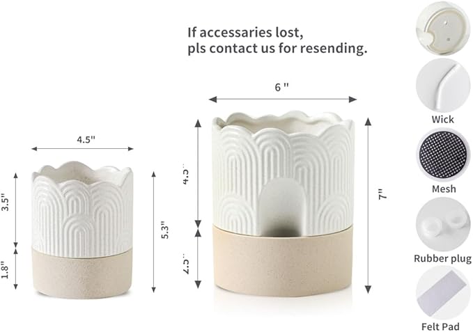 Nihow Self Watering Plant Pot for Indoor Plants: 4.5+6 Inch Ceramic Planter with Drainage Hole & Water Storage Plus - Cylinder Flower Pot with Wick for Herbs -Beige & Nature Nihow