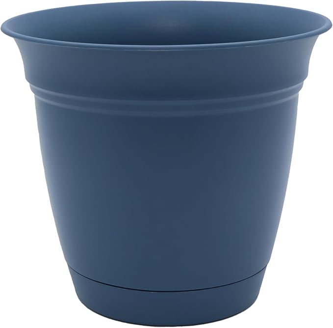 The HC Companies Eclipse Round Planter with Saucer - Outdoor & Indoor Plant Pot with Drainage Holes - Lightweight, UV-Resistant Plastic Pots for Plants, Flowers & Herbs (10" Slate Blue, Pack of 1) TheHCCompanies