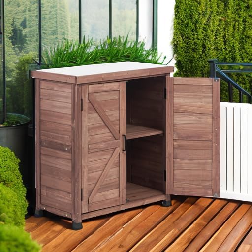 Outdoor Storage Cabinet & Potting Bench Table with Metal Top, Wooden Patio Furniture, Garden Workstation (Royal Brown, 36x31x17in) OutdoorFurniture