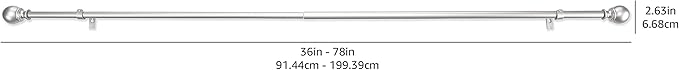 Amazon Basics Sturdy Adjustable Curtain Rod for Windows with Round Finials, Easy Installation, 1-Inch Rod, 36" to 72", Nickel, 1-Pack AmazonBasics