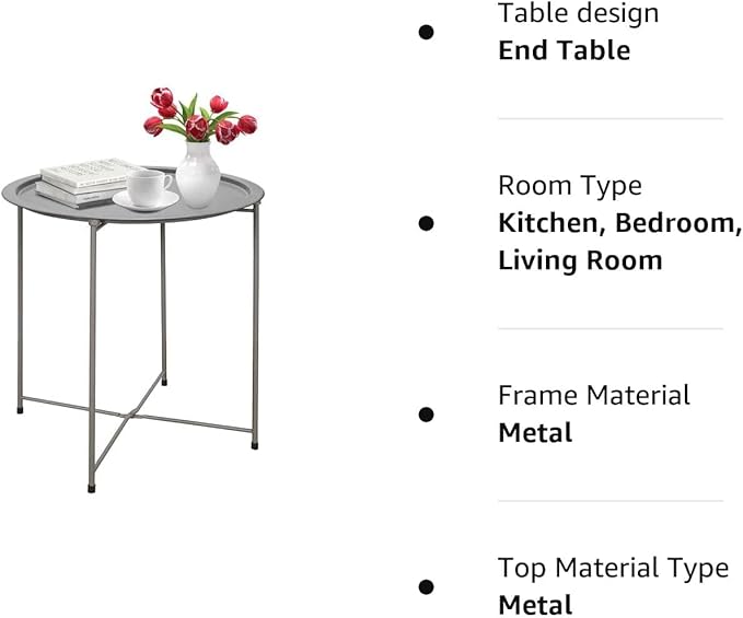 Garden 4 you Folding Tray Metal Side Table 2PC Grey Round End Table Cyan Sofa Small Accent Fold-able Table, Round End Table Tray, Next to Sofa Table, Snack Table for Living Room and Bed Room Garden4you