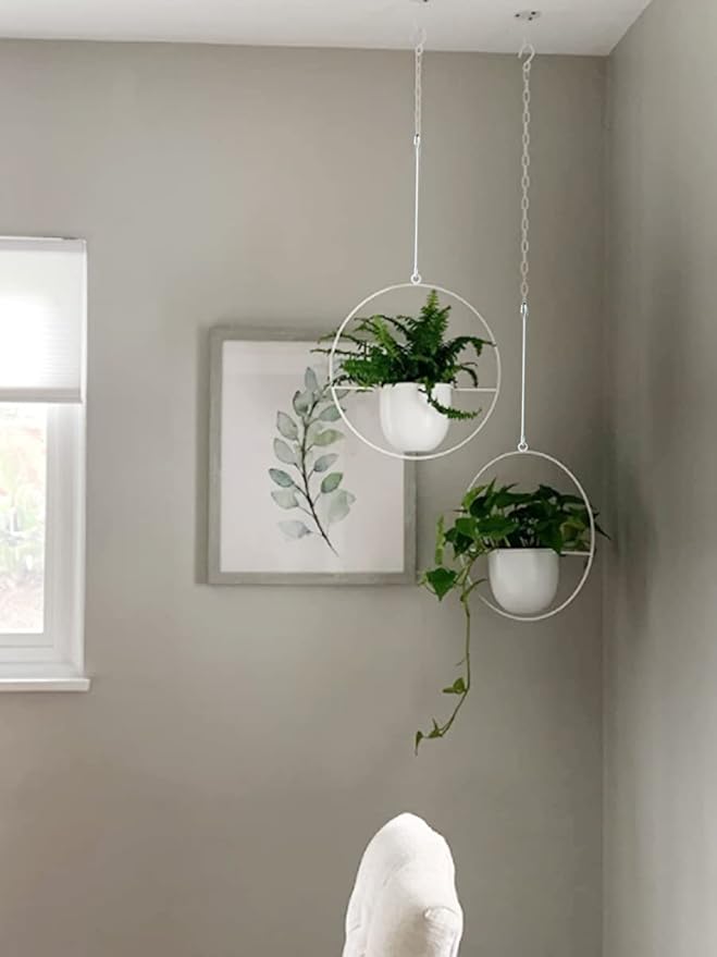 2 Pack Hanging Planters for Indoor Outdoor Plants Modern Metal Plant Hangers, Wall and Ceiling Hanging Plants Baskets Mid Century Minimalist Flower Pots Home Decor (White) ABETREE