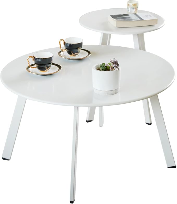 Outdoor Patio Coffee Table Set of 2, Weather Resistant End Table, Round Nesting Tables for Living Room Balcony Office, White Meluvici