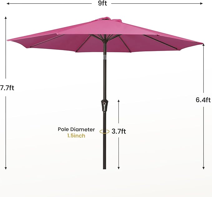 MEWAY 9ft Patio Umbrella Outdoor Table Umbrellas with Push Button Tilt and Crank, Market Umbrella 8 Sturdy Ribs for Deck, Garden, Pool and Backyard, Pink MEWAY