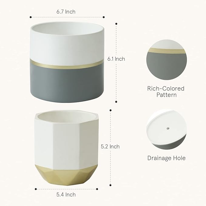 LA Jolie Muse White Ceramic Flower Pot Garden Planters 6.7 Inch Pack 2 Indoor Plant Containers with Gold and Grey Detailing LaJol%C3%ADeMuse