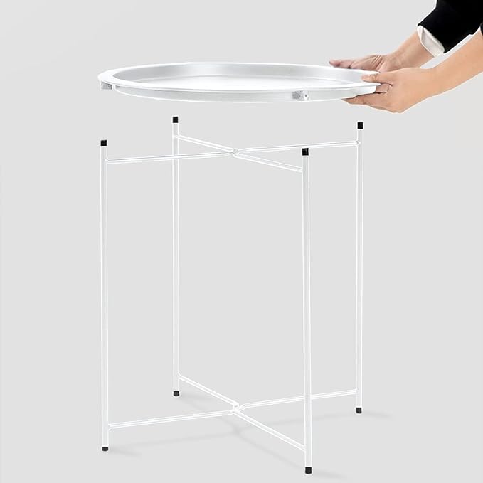 Garden 4 you End Table Metal Side Table Round Folding Tray Cyan Sofa Small Accent Fold-able Table, Round End Table Tray, Next to Sofa Table, Snack Table for Living Room and Bed Room,White Garden4you
