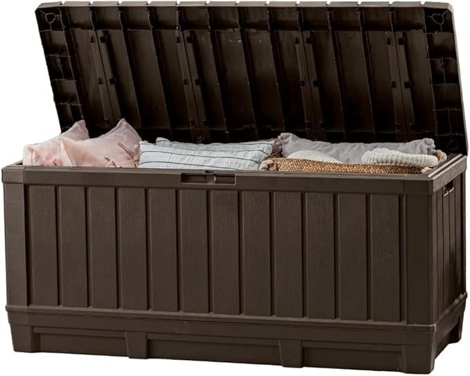 Keter Kentwood 92 Gallon Resin Deck Box-Organization and Storage for Patio Furniture Outdoor Cushions, Throw Pillows, Garden Tools and Pool Floats, Brown Keter