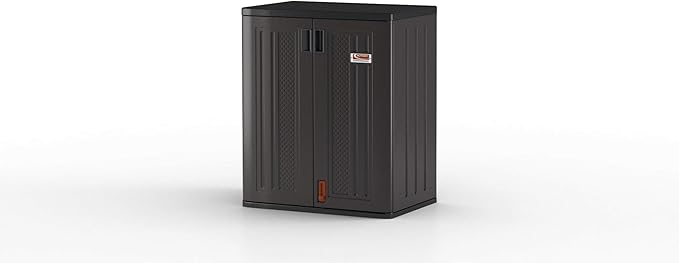 Suncast Heavy-Duty Resin Outdoor Storage Cabinet, 30" W x 20.25" D x 36" H Dark Grey Base Garage Storage Cabinet with Lockable Doors and Metal Reinforced Shelves, Made in The USA SuncastCommercialProducts