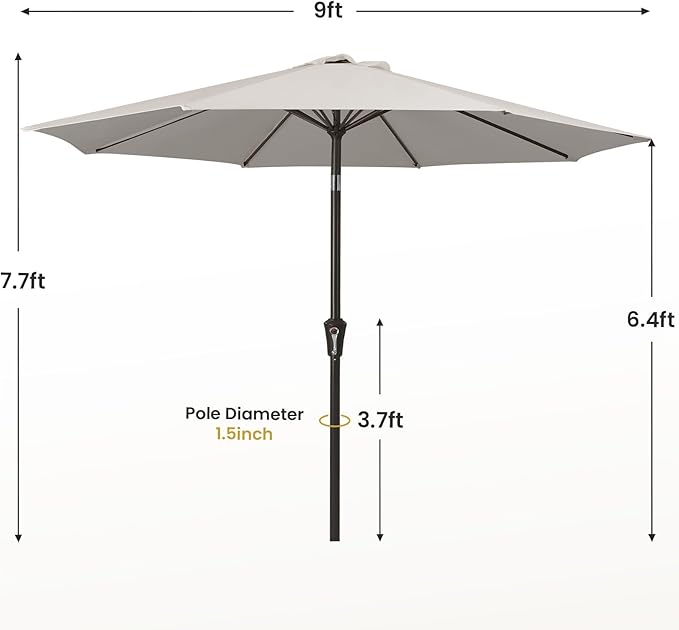MEWAY 9ft Patio Umbrella Outdoor Table Umbrellas with Push Button Tilt and Crank, Market Umbrella 8 Sturdy Ribs for Deck, Garden, Pool and Backyard, Fog Gray MEWAY