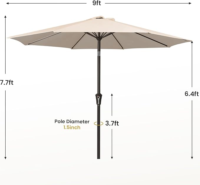 MEWAY 9ft Patio Umbrella Outdoor Table Umbrellas with Push Button Tilt and Crank, Market Umbrella 8 Sturdy Ribs for Deck, Garden, Pool and Backyard, Beige MEWAY