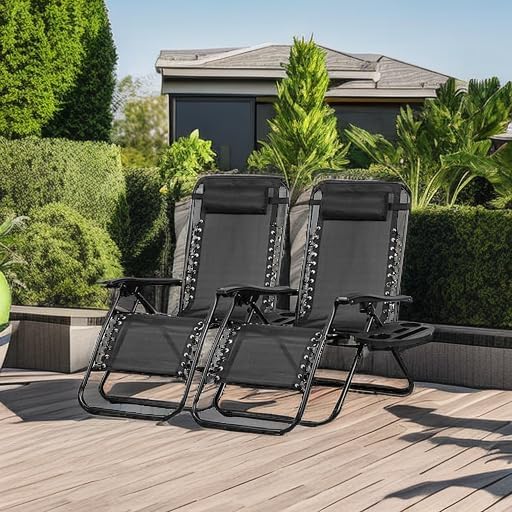 Nazhura Set of 2 Relaxing Recliners Patio Chairs Adjustable Steel Mesh Zero Gravity Lounge Chair Beach Chairs with Pillow and Cup Holder Black NazhuraGoodCompanionAtHome