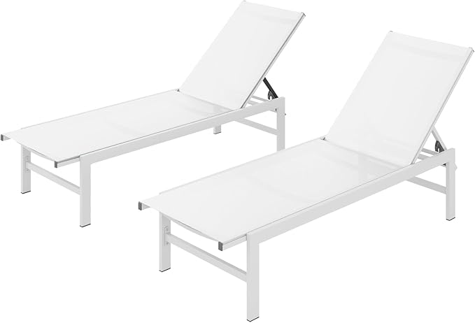 Outdoor Lounge Chairs Set of 2, Aluminum Patio Chaise Lounge Chairs with 5-Position Recliner, Pool Lounge Chairs for Backyard, Poolside, Deck, Lawn (White) Vexwalx