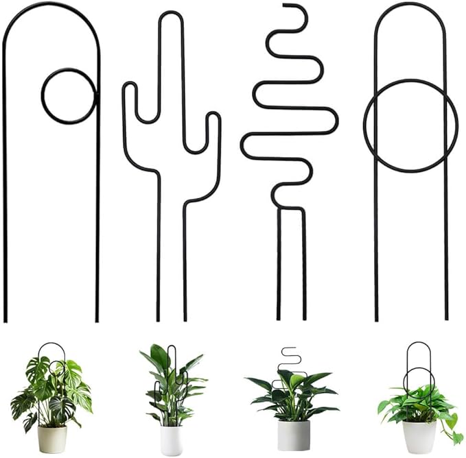 Small Plant Trellis for Climbing Plants Indoor - 13.8 Inch Trellis Indoor with Different Patterns for Vine Ivy Flower Plant Support, Metal Garden Trellis for Potted Plants, Set of 4 (Black) vensovo