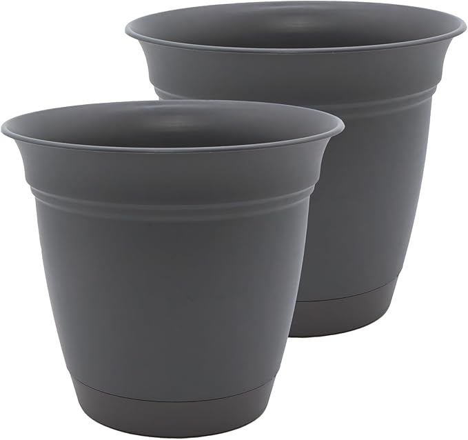 The HC Companies 16 Inch Eclipse Round Planter Pots with Drainage Holes & Attached Saucer, Lightweight UV-Resistant Plastic Indoor & Outdoor Planters, 2-Pack Flower Pots, Garden Home Decor, Warm Gray TheHCCompanies