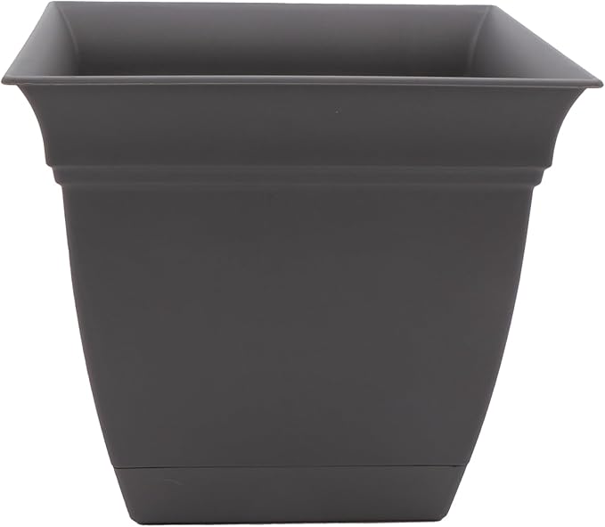 The HC Companies Eclipse Square Plastic Planter w/ Attached Saucer - Outdoor & Indoor Plant Pot with Drainage Holes - Lightweight, UV-Resistant Plastic Pots For Plants (10" Warm Gray, Pack of 1) TheHCCompanies