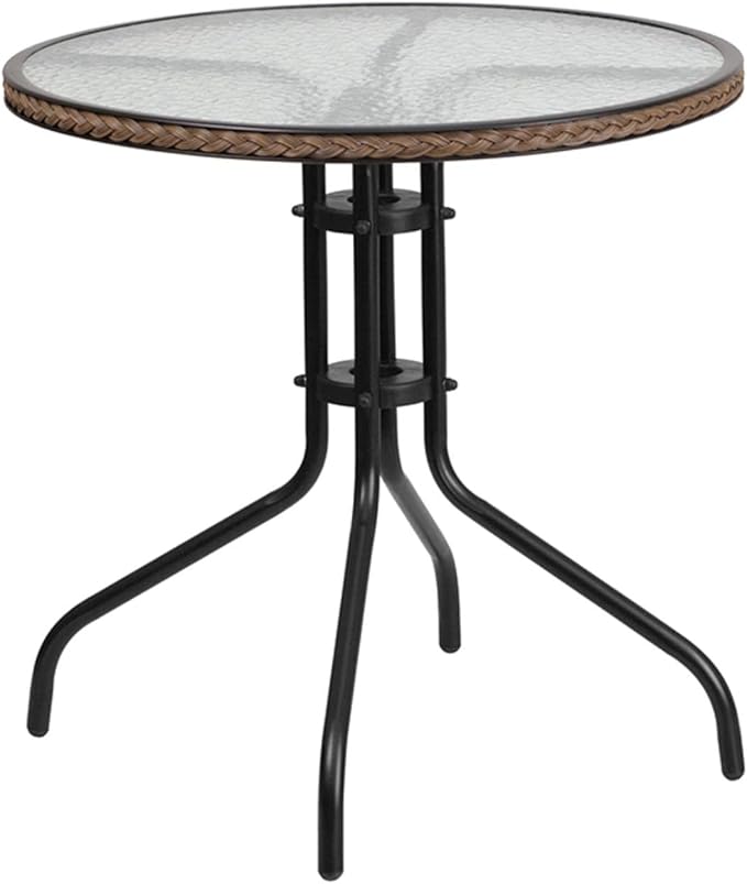 Flash Furniture Lila 28'' Round Glass Metal Table with Dark Brown Rattan Edging and 2 Dark Brown Rattan Stack Chairs FlashFurniture