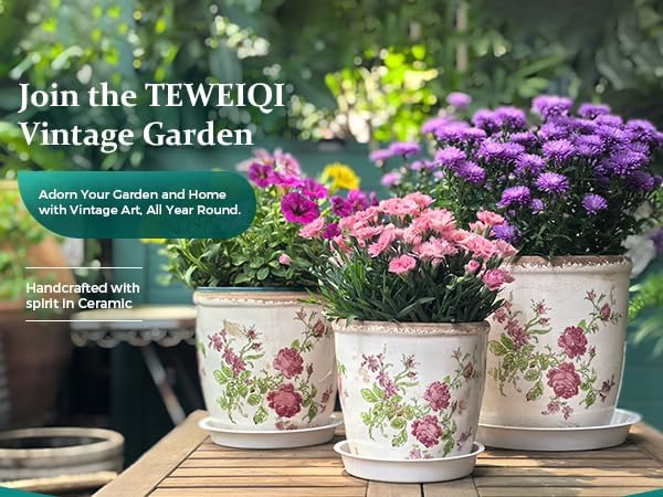 Vintage Ceramic Planter with Drainage Hole, Plastic Tray & Mesh, 5.5 Inch - Indoor/Outdoor Flower Pot, Pink Floral Rustic Farmhouse Design Plant pot for Home, Office & Garden Décor, Ideal Gift TEWEIQI