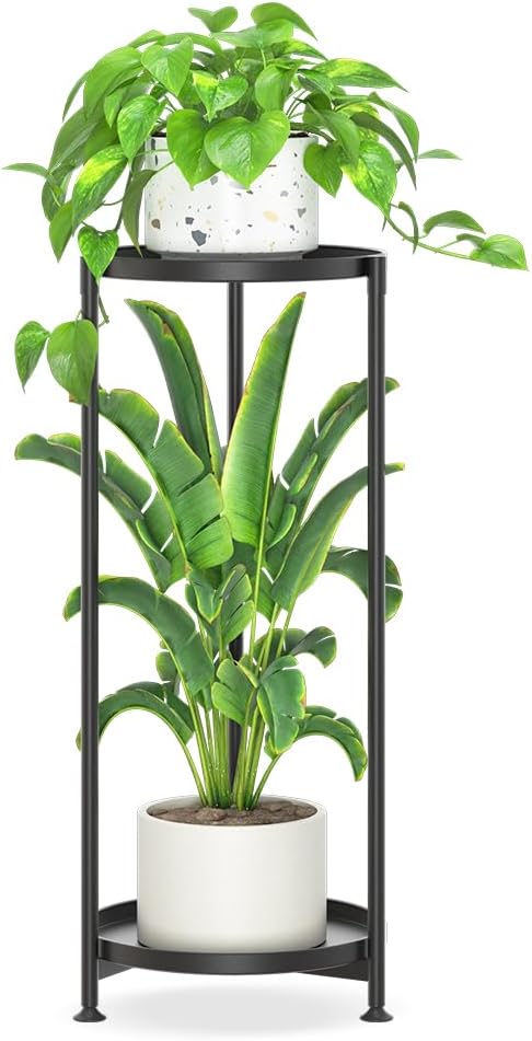 iDavosic.ly 2 Tier Corner Plant Stand Indoor, Tall Vertical Metal Flower Heavy Duty Pot Holder Shelf Outdoor for Patio Porch Living Room, Modern Black - Round iDavosicly
