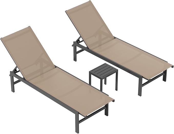 Outdoor Lounge Chairs Set of 3, Aluminum Chaise Lounge Chairs with 5-Position Recliner, Patio Lounge Chair for Backyard, Poolside, Deck, Lawn (Khaki) Vexwalx