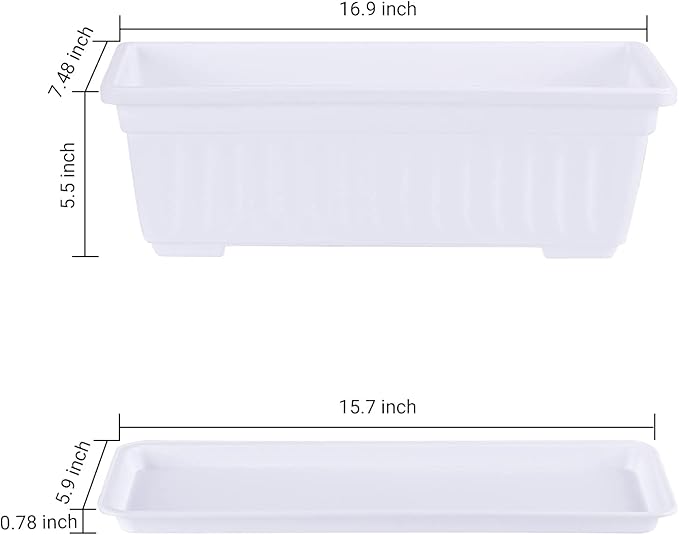 GREANER Plastic Flower Boxes Rectangle, 6 Pack Large Long Planter 16.9x7.48Inch Modern Thicken Vegetable Plant Pot with Tray for Garden, Kitchen, Houses, Offices, Balcony, Outdoor Indoor Use - White GREANER