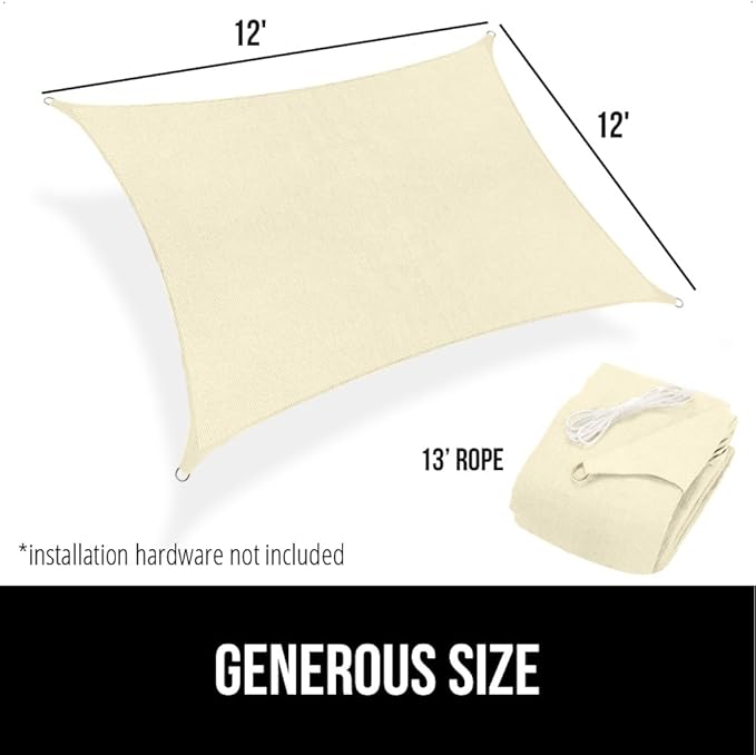 GORILLA GRIP Heavy Duty Sun Shade, UV Protection Fade Tear and Rust Resistant Rectangle Sunshade Canopy, Curved Edges Blocks Sunlight, Breathable Sail, Outdoor Patio, Lawn Garden 12x12 FT Butter Cream GorillaGrip
