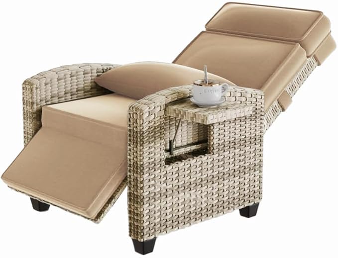 Garvee Outdoor Recliner Chair, 145° Adjustable Backrest & Footrest Lounge Chair with Removable Cushion and Flip-Up Side Table, All-Weather PE Wicker & Steel Frame for Poolside, Deck, Balcony, Khaki Garvee