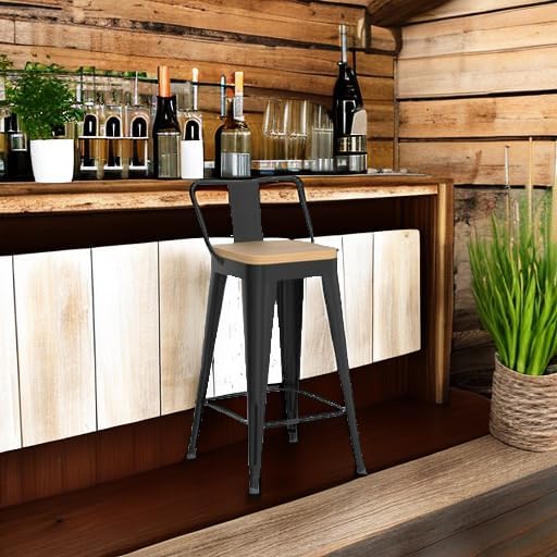 WENTMENT Metal Bar Stools Set of 4 Counter Height Barstools with Removable Back 24" Kitchen Bar Stools with Wooden Seat, Black WENTMENT