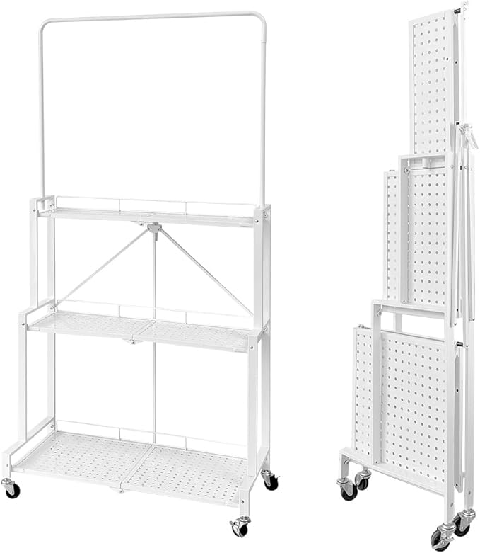 lumizone Foldable 4-Tier Plant Stand Indoor Outdoor Hanging Plant Shelf No Assembly Required Pot Placement Area With Wheels Sturdy Fall Prevention Storage Shelf Flower Pot Stand(4 Tier-White) Lumizone