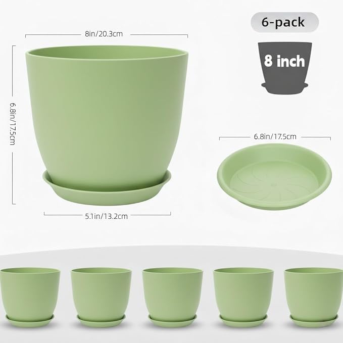 Plant Pots 8 Inch Set of 6, Flower Pots with Drainage Holes and Saucer, Plastic Garden Planters for Indoor & Outdoor Plants (Green) Vanslogreen