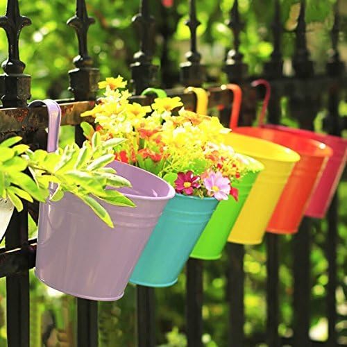 KINGLAKE Flower Pots,10 Pcs Metal Iron Hanging Flower Plant Pots Balcony Garden Plant Planter Baskets Fence Bucket Pot 4'' Flower Holders with Detachable Hook KINGLAKE
