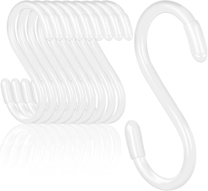 White S Hooks, 3 Inch Vinyl Coated S Hook for Hanging Plants,10 Pack Non Slip Heavy Duty Small Rubber Coated Closet S Hook for Hanging Jeans Plants Jewelry Pot Pan Cups Towels DINGEEUtilityHook