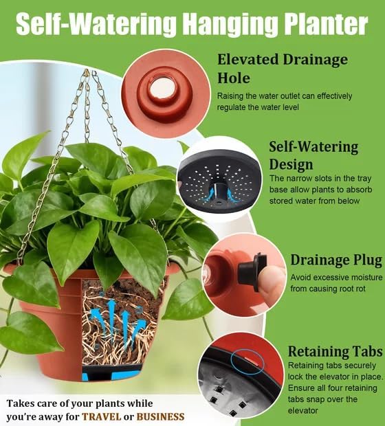 Hanging Planters 10 Inch, 4 Pcs Flower Pots with Drainage Hole, Self Watering Hanging Basket for Indoor Outdoor Plants, Decor, Pottery Red RooTrimmer