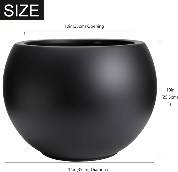 10 H x 14" Dia (10" Pot Opening) Round Fiberstone Planter with Drainage Hole, Black, Indoor/Outdoor Large Plant Pot for Home Patio Garden, Ideal for Large Plants Panlaolao