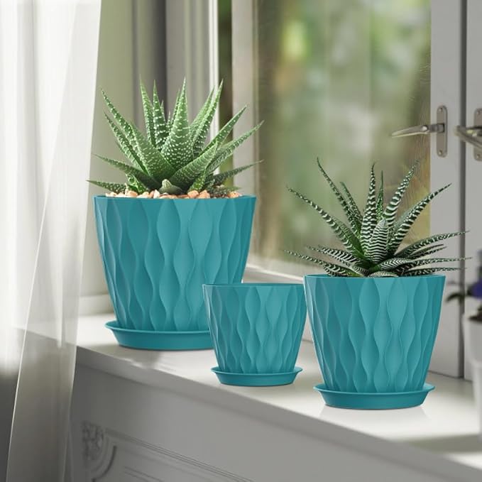 4/4.5/5/5.5/6/6.5/7 Inch Plant Pots,7 Pack Flower Pots with Drainage Holes and Trays,Plastic Planters for Indoor Outdoor Plants Growth,Green SQKH