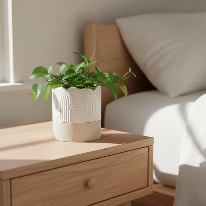 Nihow Self Watering Plant Pot: 4.5 Inch Ceramic Planter with Drainage Hole & Water Storage Plus for Indoor & Outdoor Plants - Cylinder Flower Pot for Herbs/Violets - Beige & Nature Nihow