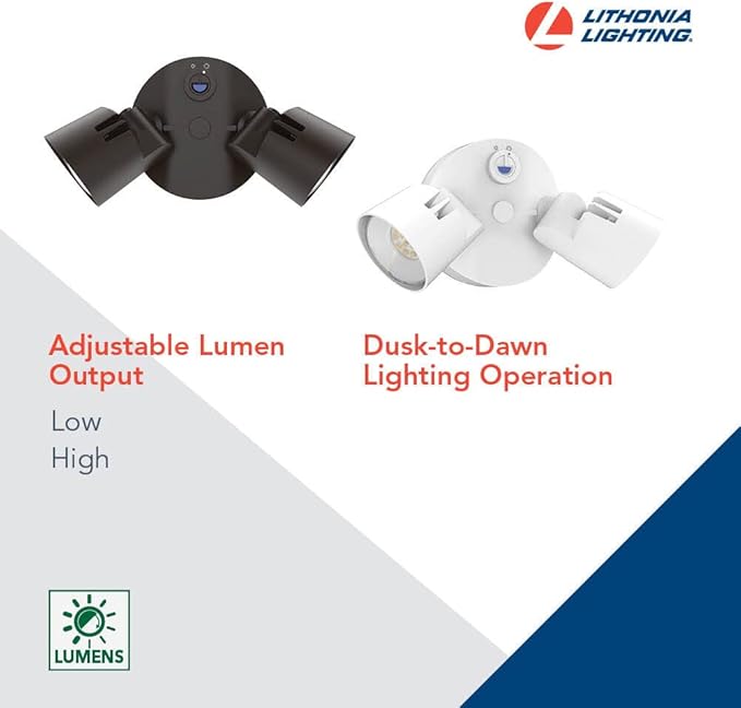 Lithonia Lighting HomeGuard 2-Light LED Outdoor Flood Lights, Outdoor LED Lights, Dusk to Dawn Sensor, Adjustable Lumens, 4000K Cool White, Round Heads, Dark Bronze (HGX LED 2RH ALO 40K 120 PE DDB) AcuityBrands