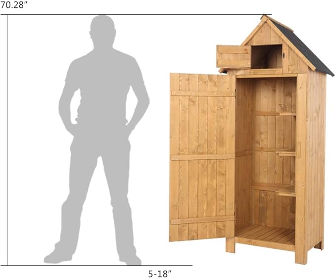 Outvita Outdoor Storage Cabinet, 70in Wooden Vertical Garden Tools Shed, Patio Storage Organizer with Latch & Waterproof Roof for Yard Deck Lawn Farmland Equipment(Natural) Outvita