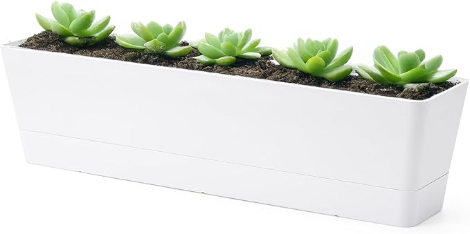 GREANER 16x3.8 Inch Window Boxes Planters, 1PCS White Vegetable Herb Planters with Tray, Indoor Succulent Cactus Flowers Plastic Rectangle Pot for Balcony, Office, Garden, Outdoor, Windowsill GREANER