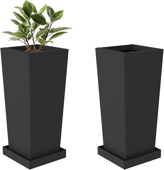 Tall Planters 18" H - 2 Pack, Tapered Pots with Drainage Insert Shelve & Trays, Metal Outdoor Planter Box for Porch, Garden, Patio, Yard (Black) Toriexon