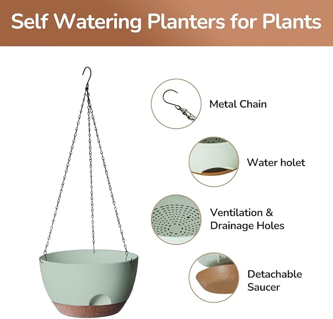 12 Inch Hanging Baskets for Plants Outdoor, Hanging Planters for Indoor Outdoor Plants, Hanging Planter with Self Watering, Hanging Flower Pots (Green) LesOasis