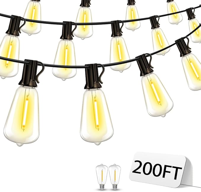 Outdoor Patio String Lights 200ft: ST38 LED Shatterproof Bulbs 3 Modes Button Control - Waterproof Connectable Lights - Wedding Bistro Party Gazebo Backyard Decorative Vozuji