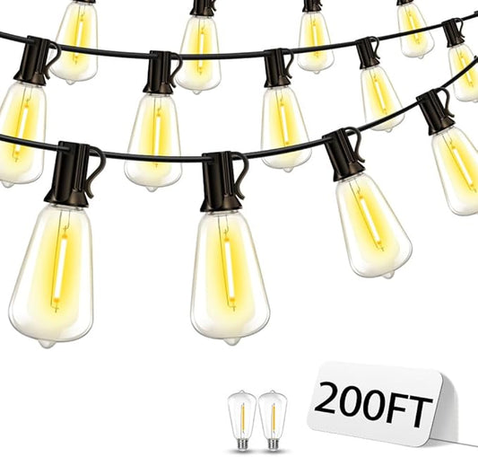 Outdoor Patio String Lights 200ft: ST38 LED Shatterproof Bulbs 3 Modes Button Control - Waterproof Connectable Lights - Wedding Bistro Party Gazebo Backyard Decorative Vozuji