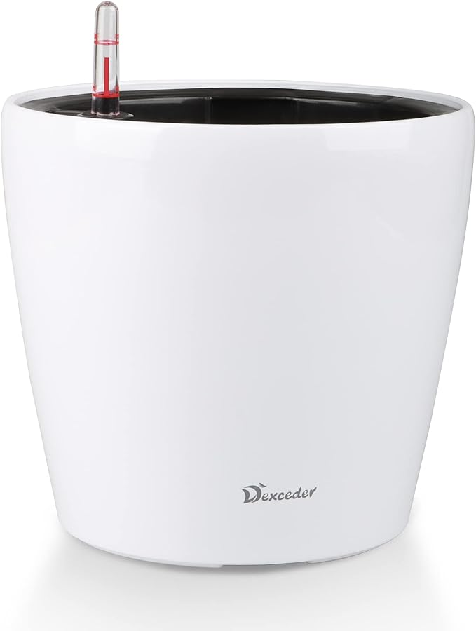 Dexceder 9x8 Inches High Gloss Self Watering Planter Indoor Outdoor, Inner Pot Design, Thickened Table Flower Plant Pot with Water Level Indicator (White) Dexceder