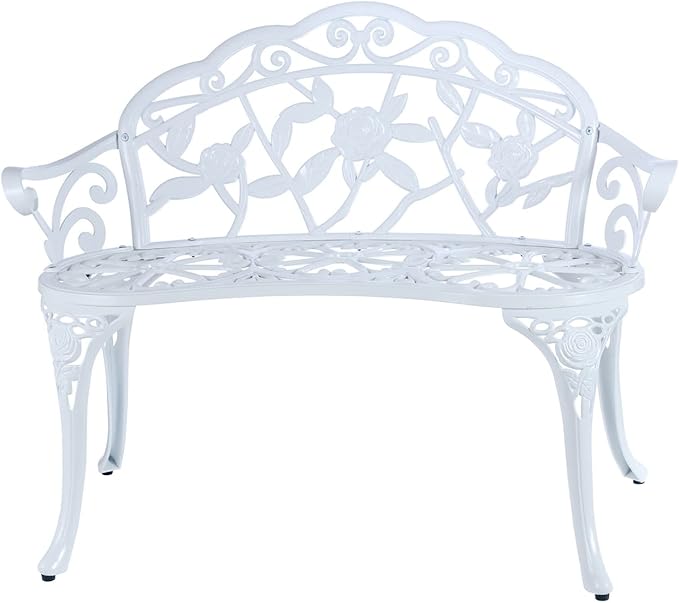 JARDIN DE CENTENNIAL Patio Garden Bench Metal Park Bench Cast Aluminum Outdoor Furniture with Floral Rose for Patio,Park,Lawn,Yard (White) JARDINDECENTENNIAL