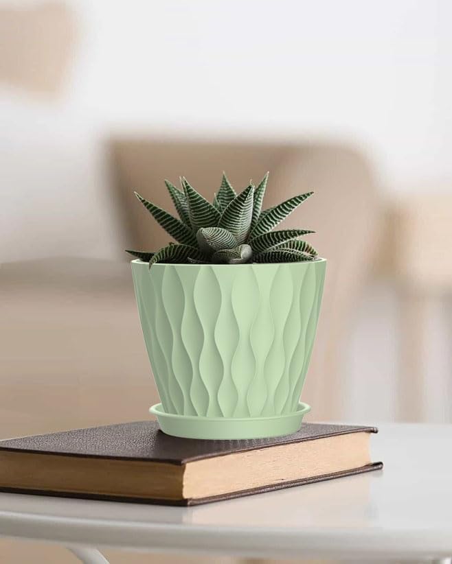 4 Inch Plant Pots, 6 Pack Indoor Flower Pots, Planters with Drainage Holes and Trays for Orchids, Violets, Succulents, Herbs, and Other Plants,Green SQKH