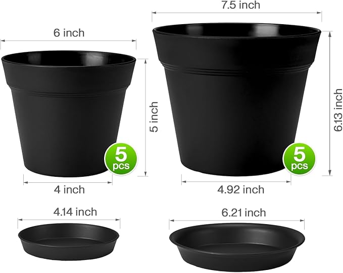 homenote Plant Pots,6/7.5 Inch Flower Pots for Plants Plastic Planters for Indoor with Multiple Drainage Holes and Trays, for All Home Garden Flowers Succulents,Outdoor(Black,10 Pack) HOMENOTE