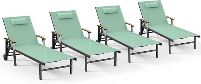 Ciokea Outdoor Lounge Chair with Pillow Set of 4, 5-Position Chaise Lounge with Wheels & Armrests, 400 lbs Heavy Duty Aluminum Pool Lounge Chairs, for Beach, Deck, Poolside & Backyard, Light Green CIOKEA